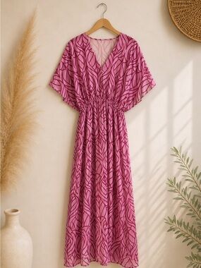 Cupshe Pink Abstract Print Midi Dress V-Neck Size S NWT